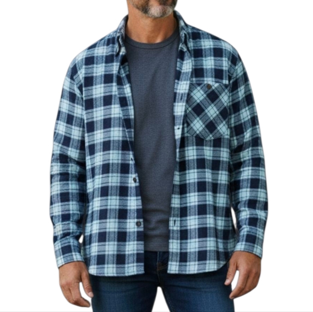 Ranch Tough Men's Flannel Shirt - Blue & White Plaid Button Down - Size XL